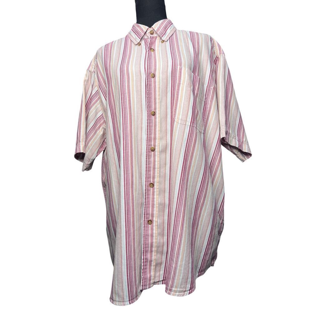 Eddie Bauer Striped Button Down Shirt Men XL Red Tan Short Sleeve Cotton Relaxed